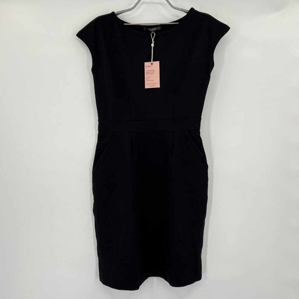 Quince Women's Black Ultra-Stretch Ponte Cap Sleeve Dress sz S NWT Career Mini